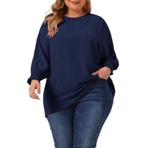 Plus Size Chiffon Tops Batwing Ruffle Elbow Sleeve Loose Shirts Navy Blue